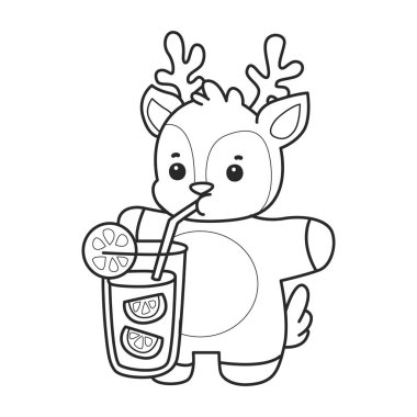 Sevimli keçi hayvan simgesi çıkartmalarının renkli sayfaları. Portakal suyu içen keçinin taslağı.