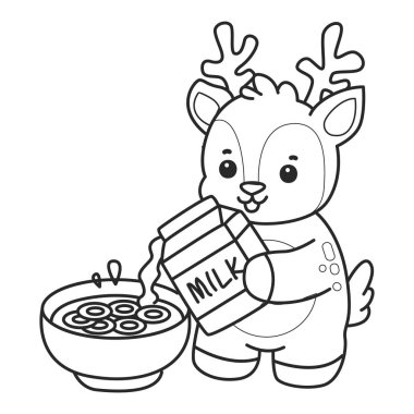 Sevimli keçi hayvan simgesi çıkartmalarının renkli sayfaları. Mısır gevreği kasesine süt döken keçinin ana hatları