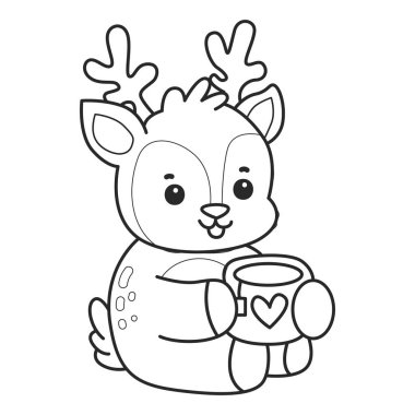 Sevimli keçi hayvan simgesi çıkartmalarının renkli sayfaları. Keçinin dış hatları sıcak çay içmek istiyor.