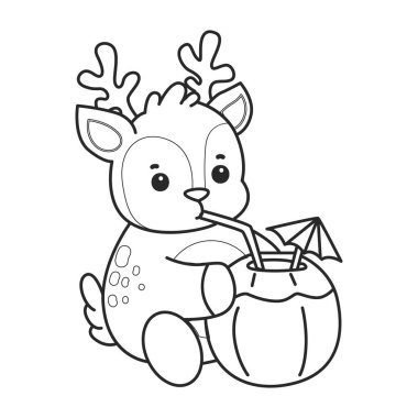 Sevimli keçi hayvan simgesi çıkartmalarının renkli sayfaları. Hindistan cevizi içen keçinin ana hatları.