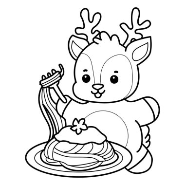 Sevimli keçi hayvan simgesi çıkartmalarının renkli sayfaları. Keçi çizgisi spagetti yemek istiyor.