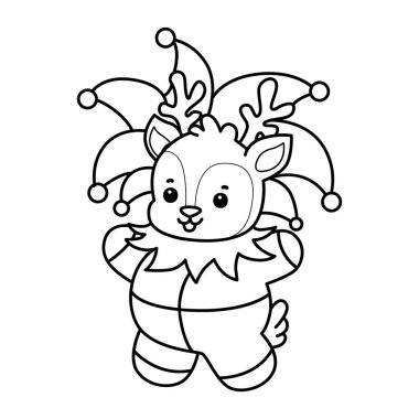 Sevimli keçi hayvan simgesi çıkartmalarının renkli sayfaları. Palyaço kostümü giymiş keçi çizgisi