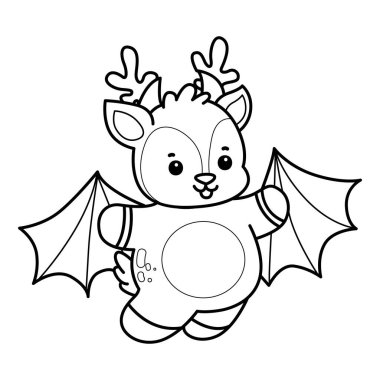 Sevimli keçi hayvan simgesi çıkartmalarının renkli sayfaları. Yarasa kostümüyle uçan keçi çizgisi