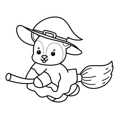 Sevimli keçi hayvan simgesi çıkartmalarının renkli sayfaları. Süpürge sopasıyla uçan cadı keçi çizgisi