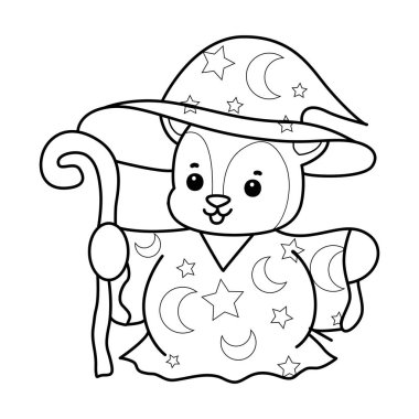 Sevimli keçi hayvan simgesi çıkartmalarının renkli sayfaları. Cadı kostümü giymiş keçi çizgisi