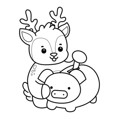 Sevimli keçi hayvan simgesi çıkartmalarının renkli sayfaları. Domuz kumbarasındaki keçi tasarruf parasının taslağı.