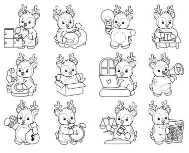 Sevimli keçi hayvan simgesi çıkartmalarının renkli sayfaları. Para ve finans çeşitliliğinde keçi taslağı