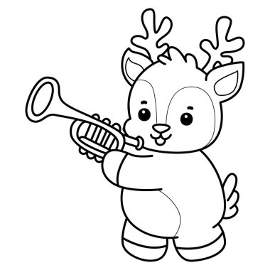 Sevimli keçi hayvan simgesi çıkartmalarının renkli sayfaları. Trompet çalan keçi çizgisi