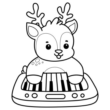 Sevimli keçi hayvan simgesi çıkartmalarının renkli sayfaları. Piyano çalan keçi taslağı