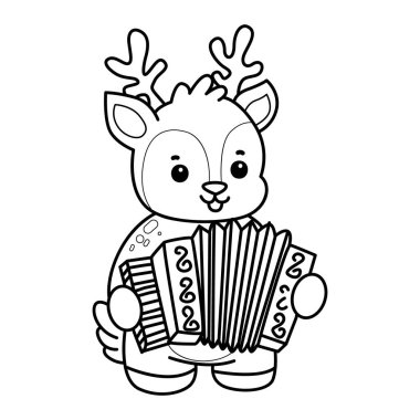 Sevimli keçi hayvan simgesi çıkartmalarının renkli sayfaları. Akordeon çalan keçi çizgisi