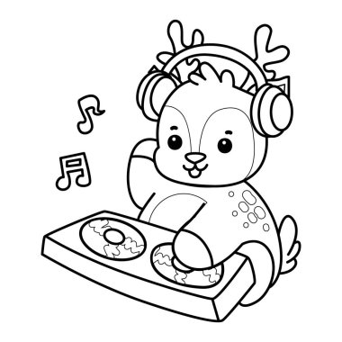 Sevimli keçi hayvan simgesi çıkartmalarının renkli sayfaları. Kulüpte disk çalan keçi taslağı.