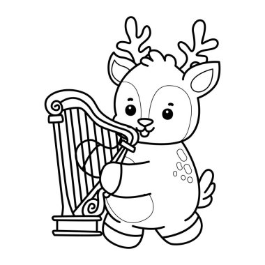 Sevimli keçi hayvan simgesi çıkartmalarının renkli sayfaları. Harpa çalan keçi taslağı.