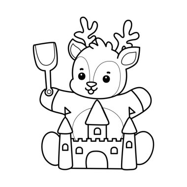 Sevimli keçi hayvan simgesi çıkartmalarının renkli sayfaları. Kumdan bir kalede oynayan keçi çizgisi