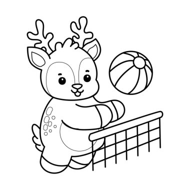 Sevimli keçi hayvan simgesi çıkartmalarının renkli sayfaları. Voleybol oynayan keçi çizgisi