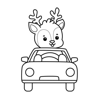 Sevimli keçi hayvan simgesi çıkartmalarının renkli sayfaları. Araba süren keçi taslağı.