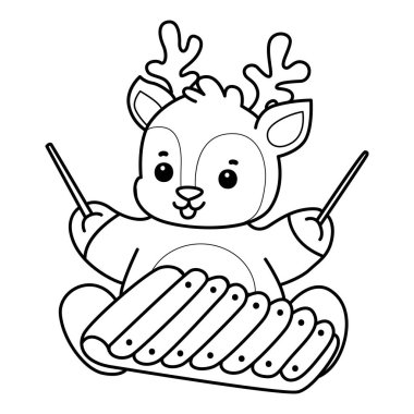 Sevimli keçi hayvan simgesi çıkartmalarının renkli sayfaları. Ksilofon çalan keçi taslağı