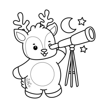 Sevimli keçi hayvan simgesi çıkartmalarının renkli sayfaları. Keçi çizgisi Ay 'ı teleskopla görüyor