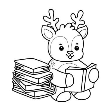 Sevimli keçi hayvan simgesi çıkartmalarının renkli sayfaları. Kitap okuyan keçi taslağı