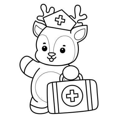 Sevimli keçi hayvan simgesi çıkartmalarının renkli sayfaları. Keçi çizgisi ilk yardım çantası getir.