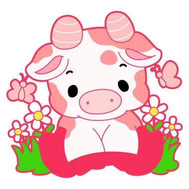 Sevimli koyun eli çizilmiş duygu simgesi. Yavru koyun illüstrasyonu etkinleşiyor. Komik koyun klipsleri sanat öğeleri. Çiçek bahçesinin ortasında bir koyun