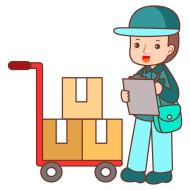 Şirin kurye imajları. Kutulu ve kamyonlu teslimatçı..