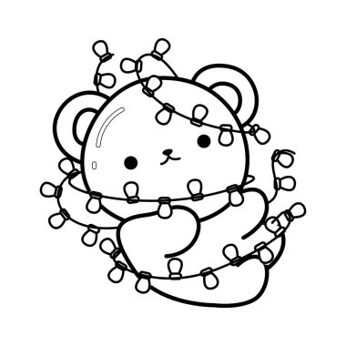 Noel partisi malzemelerinin taslağı. Lambalara sıkışmış ayı çizgisi