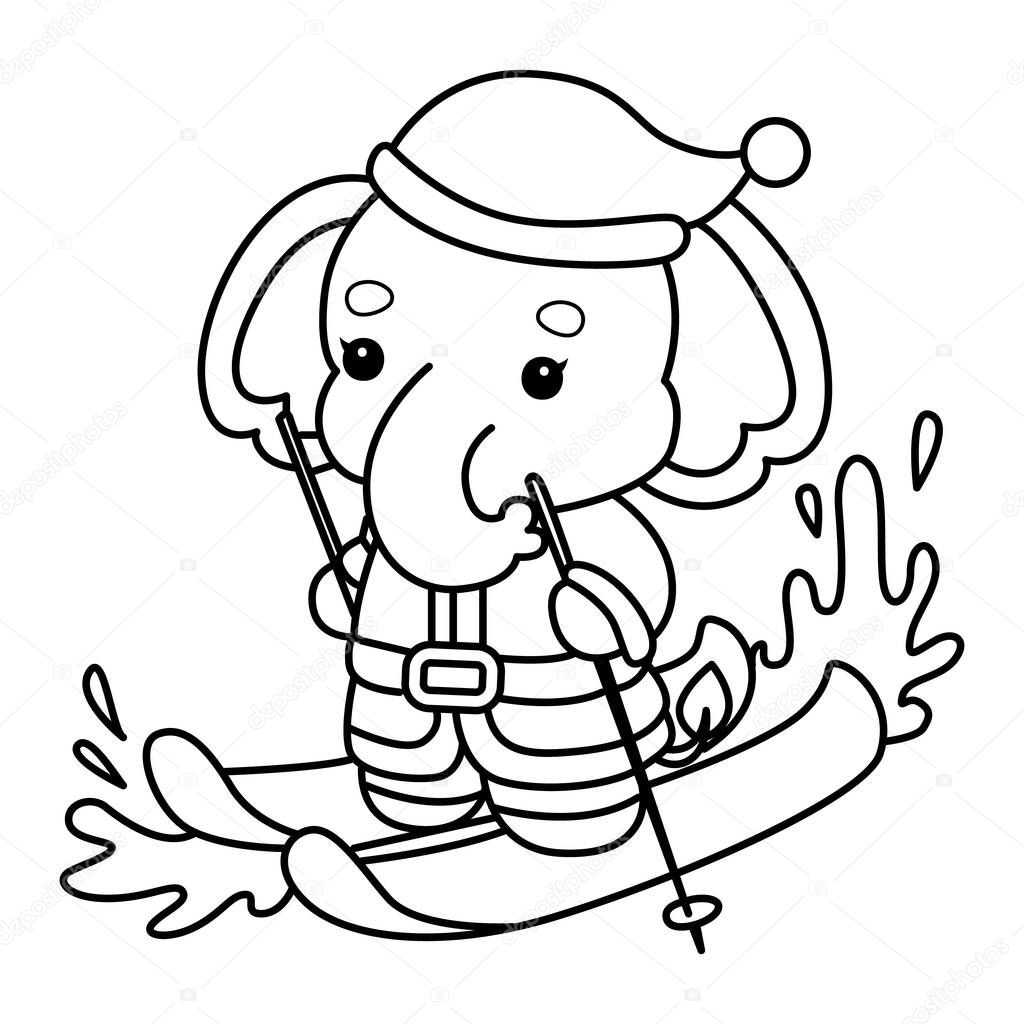 Coloring pages of Funny baby Elephant. Outline of santa elephant riding a ice skating