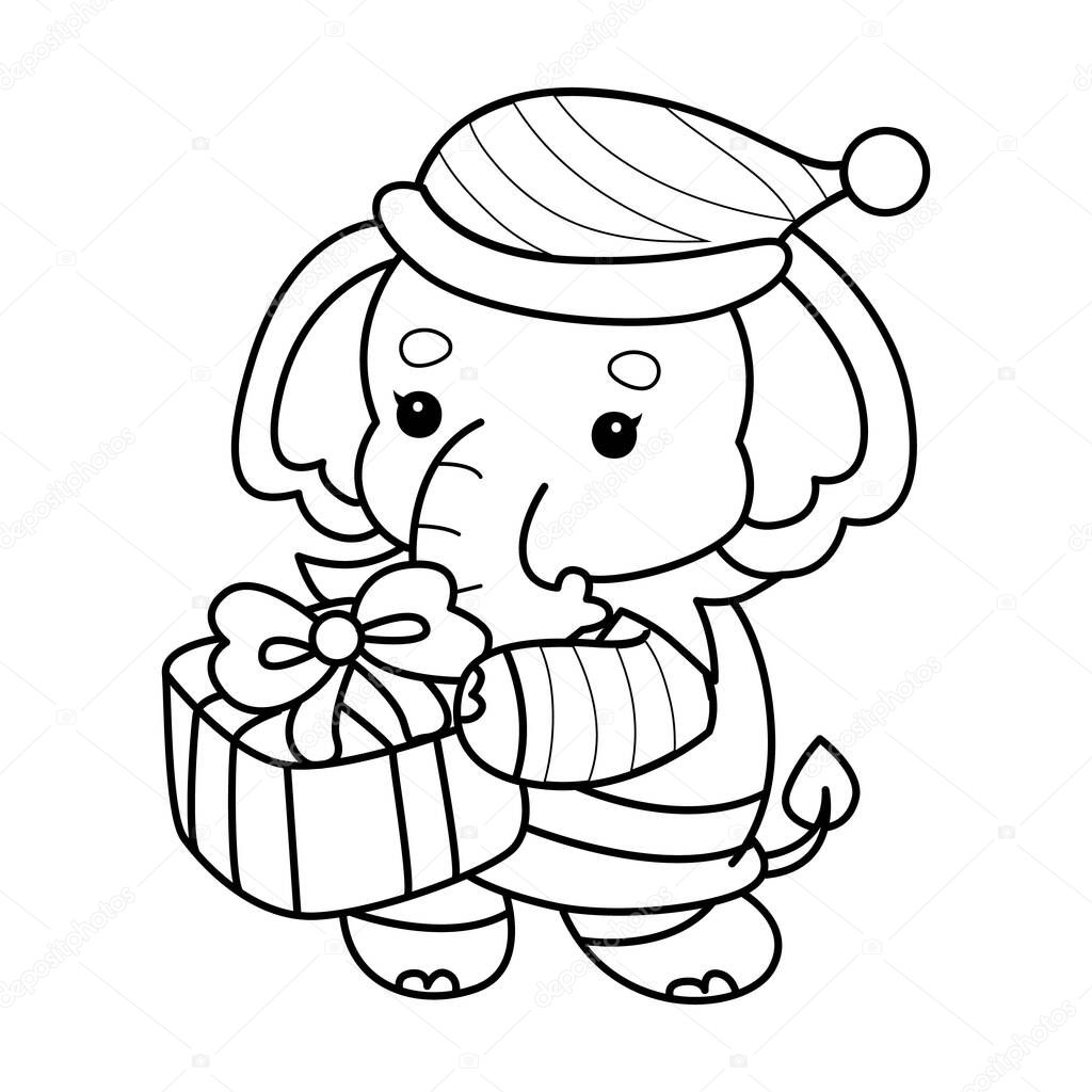Coloring pages of Funny baby Elephant. Outline of dwarf elephant bring a gift box