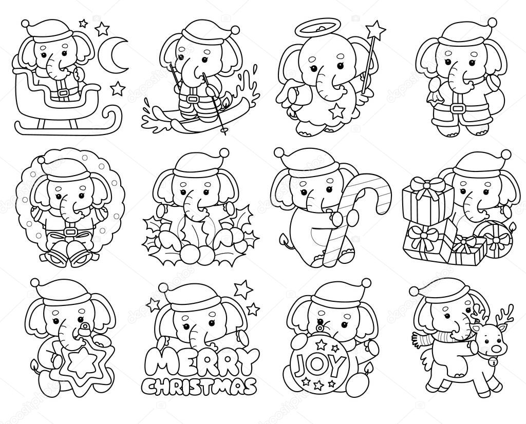 Coloring pages of Funny baby Elephant. Outline of elephant in the variation of merry christmas