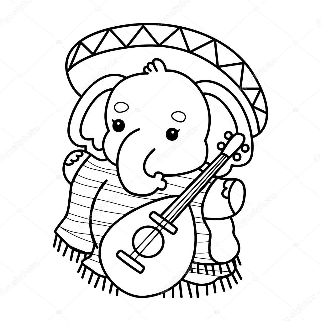 Coloring pages of Funny baby Elephant. Outline of elephant wearing an indiana costume