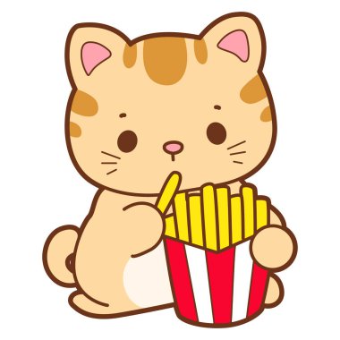 Şirin kedi ikonu. Günlük aktivitelerde komik kedi. Kızarmış pirinç yiyen kedi.