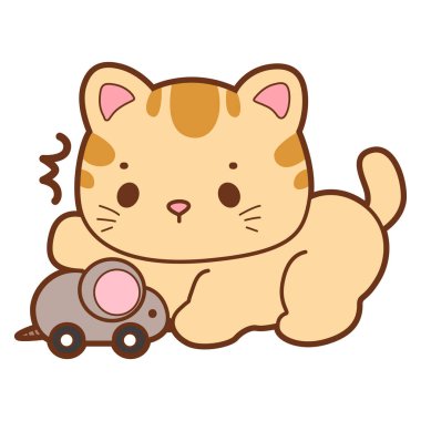 Şirin kedi ikonu. Günlük aktivitelerde komik kedi. Kedi fare oyuncağıyla oynuyor.