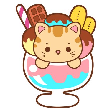 Şirin kedi ikonu. Günlük aktivitelerde komik kedi. Dondurmanın ortasındaki kedi.