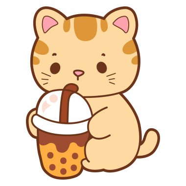 Şirin kedi ikonu. Günlük aktivitelerde komik kedi. Kedi milkshake içiyor.