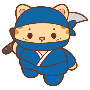 Şirin kedi ikonu. Günlük aktivitelerde komik kedi. Mavi ninja kostümlü kedi.