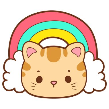 Şirin kedi ikonu. Günlük aktivitelerde komik kedi. Gökkuşağının önündeki kedi