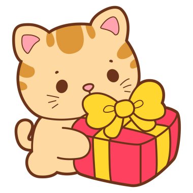 Şirin kedi ikonu. Günlük aktivitelerde komik kedi. Kedi bir hediye kutusu getir.