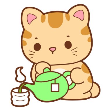 Şirin kedi ikonu. Günlük aktivitelerde komik kedi. Kedi çaydanlıktan çay dolduruyor.