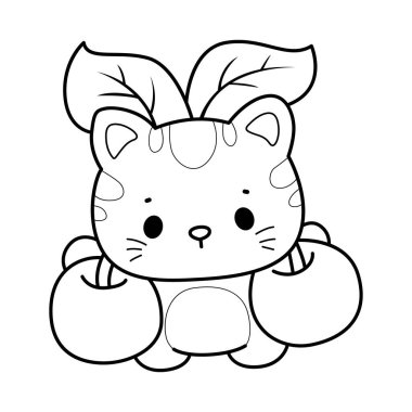 Şirin kedicik ikonunun renkli sayfaları. Günlük aktivitelerde komik kedi. Kedi çizgisi Kiraz getir