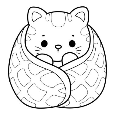 Şirin kedicik ikonunun renkli sayfaları. Günlük aktivitelerde komik kedi. Waffle 'ın ortasındaki kedi çizgisi
