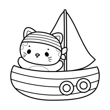 Şirin kedicik ikonunun renkli sayfaları. Günlük aktivitelerde komik kedi. Korsanlar gibi kedi çizgisi.