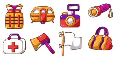 Kamp taslağı için önemli öğeler. Kamp listesinin boyama sayfaları..