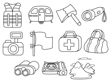 Kamp taslağı için önemli öğeler. Kamp listesinin boyama sayfaları..