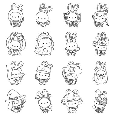 Sevimli tavşan kostümlü ikonun boyama sayfalarının tasviri. Kostüm çeşitlerindeki tavşanın ana hatları