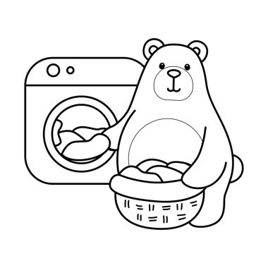 Sevimli ayı ikonu. Günlük aktivitelerdeki komik ayı. Çamaşır makinesinde çamaşır yıkayan ayının ana hatları.
