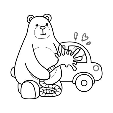 Sevimli ayı ikonu. Günlük aktivitelerdeki komik ayı. Araba yıkayan ayının ana hatları.