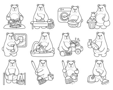 Sevimli ayı ikonu. Günlük aktivitelerdeki komik ayı. Ayıların ev işleri ve çamaşır çeşitleri.