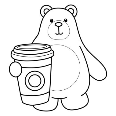 Sevimli ayı ikonu. Günlük aktivitelerdeki komik ayı. Ayının dış hatları bir fincan kahve getirir.