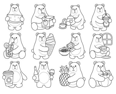 Sevimli ayı ikonu. Günlük aktivitelerdeki komik ayı. Ayının içki ve içecek çeşitlerinin ana hatları.