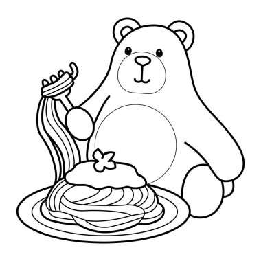 Sevimli ayı ikonu. Günlük aktivitelerdeki komik ayı. Ayının dış hatları spagetti yemek istiyor.